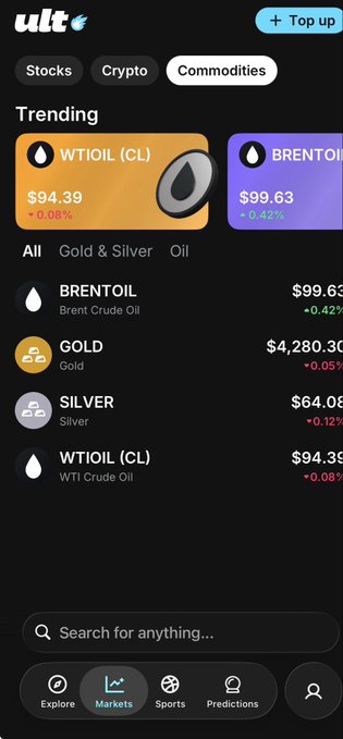 A mobile app screenshot of an 'ult' trading platform showing trending commodities including WTI OIL (CL) at $94.39 (+0.08%) and BRENT OIL at $99.63 (-0.42%), with tabs for Gold and Silver.
