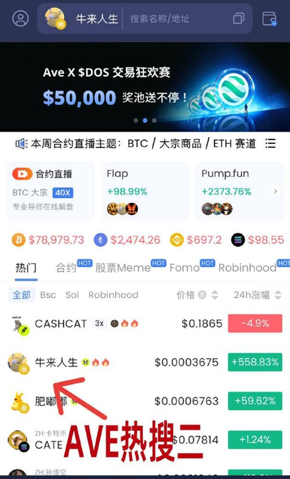 A screenshot of the AveX trading platform showing "牛来人生" (Niulai Life) in the "HOT" trending tokens list at $0.0003675 with a +558.83% 24-hour surge, alongside other trending tokens like CASHCAT, 肥嘟, and CATE, with a red arrow and "AVE热搜" label highlighting the token's popularity on the AveX trending list.