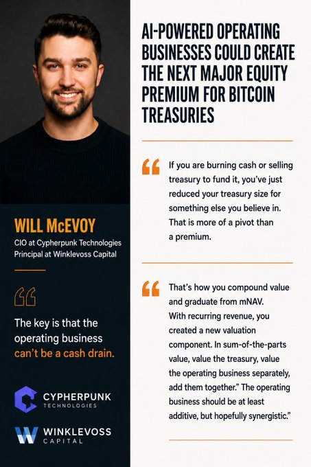 A promotional graphic featuring Will McEvoy (CIO at Cypherpunk Technologies, Principal at Winklevoos Capital) with quotes about how AI-powered operating businesses could create the next major equity premium for Bitcoin treasuries, emphasizing that operating businesses must be self-sustaining rather than cash drains to compound value via mNAV.