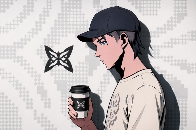 An anime-style illustration depicts a young man wearing a black cap and beige shirt holding a coffee cup with a butterfly logo, set against a wall decorated with butterfly symbols and geometric patterns.