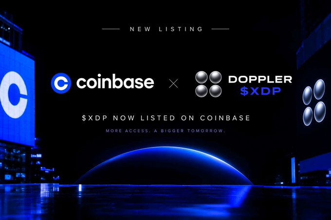 A promotional graphic announces a 'NEW LISTING' of '$XDP NOW LISTED ON COINBASE' in partnership with 'DOPPLER $XDP', displayed against a dark blue futuristic background.