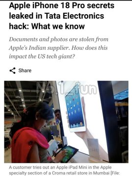 The image shows an Apple Store customer testing an iPad Mini at a display table, with the headline "Apple iPhone 18 Pro secrets leaked in Tata Electronics hack: What we know" and subtext about documents and photos being stolen from Apple's Indian supplier. The connection to the post is ironic—the image highlights a security breach at an Indian supplier (Tata Electronics), while the post humorously suggests investing in Indian tech (#mood), linking Indian companies to Apple's ecosystem despite the hack vulnerability.