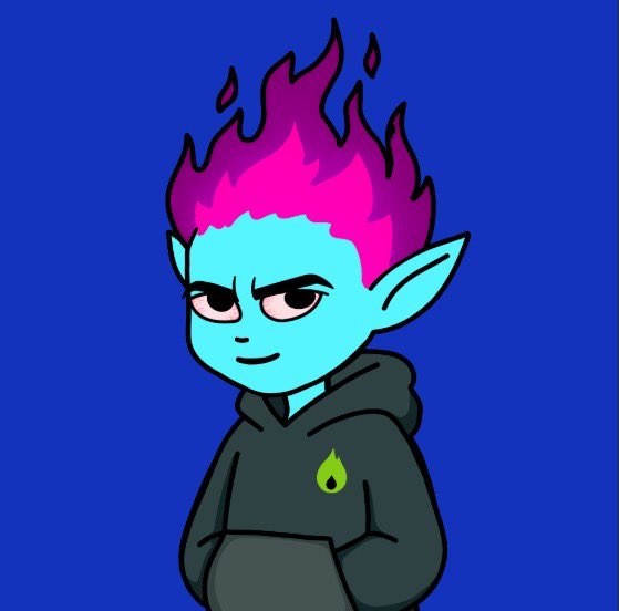 A cartoon character with blue skin, pointed ears, and purple flame-like hair wearing a dark hoodie with a small green flame logo, set against a solid blue background.