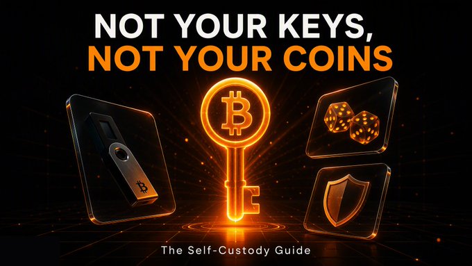 A glowing orange Bitcoin key sits at the center between a hardware wallet and a security shield, beneath the bold headline "NOT YOUR KEYS, NOT YOUR COINS — The Self-Custody Guide," visually reinforcing the post's message about securing crypto through proper self-custody methods like hardware wallets and dice-generated seed phrases.