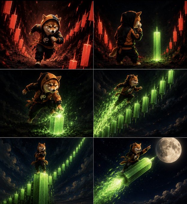 The image features a series of six panels, each depicting a dog wearing a hoodie with a skull design and jumping over green candles. The dogs are shown in various poses and positions, creating an engaging visual narrative that connects to the accompanying text about the dog character from the post.