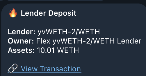 A transaction notification showing a Lender Deposit of 10.01 WETH to the Flex yvWETH-2/WETH Lender, with the lending pair yvWETH-2/WETH managed by owner Flex, illustrating the new WETH looping feature on the Flex protocol.