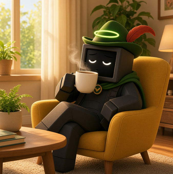 A blocky robot wearing a green feathered hat and scarf relaxes in a yellow armchair, sipping steaming coffee from a cup marked with a checkmark, perfectly capturing the cozy "GM" morning vibe of grabbing coffee before printing memes and stocks on printer.fun.