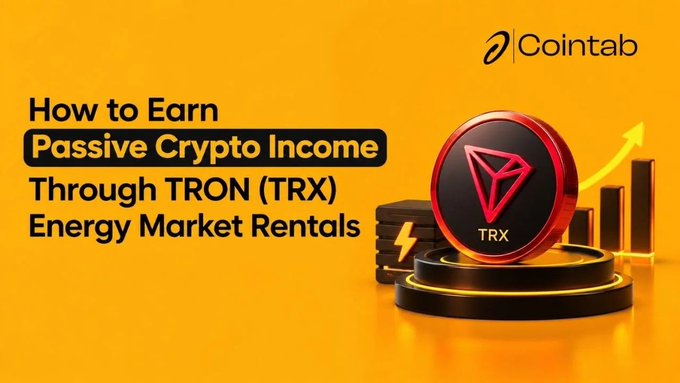 A CoinTab graphic asks "How to Earn Passive Crypto Income Through TRON (TRX) Energy Market Rentals" next to a 3D TRX coin.