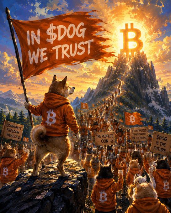 An anthropomorphic Shiba Inu in an orange "$" hoodie stands triumphantly atop a rocky outcrop, hoisting a tattered orange flag that reads "IN $DOG WE TRUST" against a fiery sunset. Below, a massive crowd of similarly dressed dogs gathers in a mountain valley carrying signs declaring "$DOG IS THE FUTURE," "COMMUNITY FREEDOM WEALTH," "THE PEOPLE'S COIN," and "DECENTRALIZED TRANSPARENT FOR THE PEOPLE," with a giant Bitcoin symbol glowing from the distant peak—visually echoing the post's bold conviction that $DOG will outshine even BTC as the top-performing crypto this bull market.
