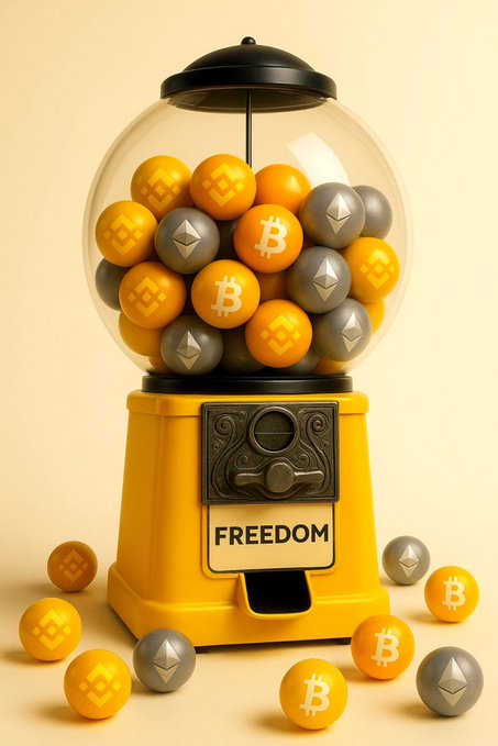 A yellow gumball machine filled with gumballs featuring Bitcoin, Ethereum, and Binance logos, labeled 'FREEDOM' on the front.