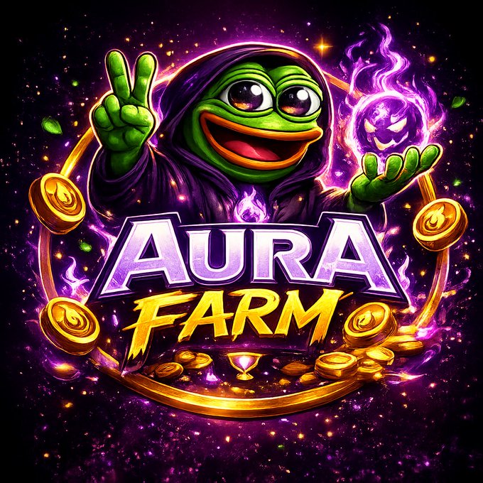 A vibrant gaming logo for 'AURA FARM' featuring a green Pepe the Frog character in a purple hood holding a flaming skull, surrounded by gold coins against a cosmic purple background.