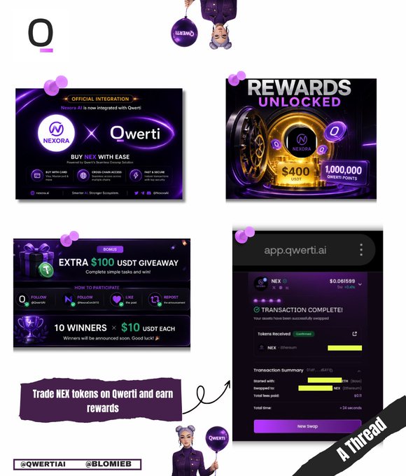 The image features a poster for trading NEX tokens using the Qwerti AI platform, which includes various elements such as logos, icons, and text related to the trading process. The poster also contains information about rewards that can be earned through trading NEX tokens on the Qwerti AI platform. A person is shown holding balloons in the image, adding a fun and engaging touch to the overall design of the poster.