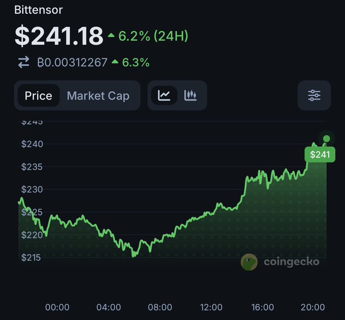 A CoinGecko price chart for Bittensor (TAO) showing a current price of $241.18, up 6.2% over 24 hours, with a green trending line.