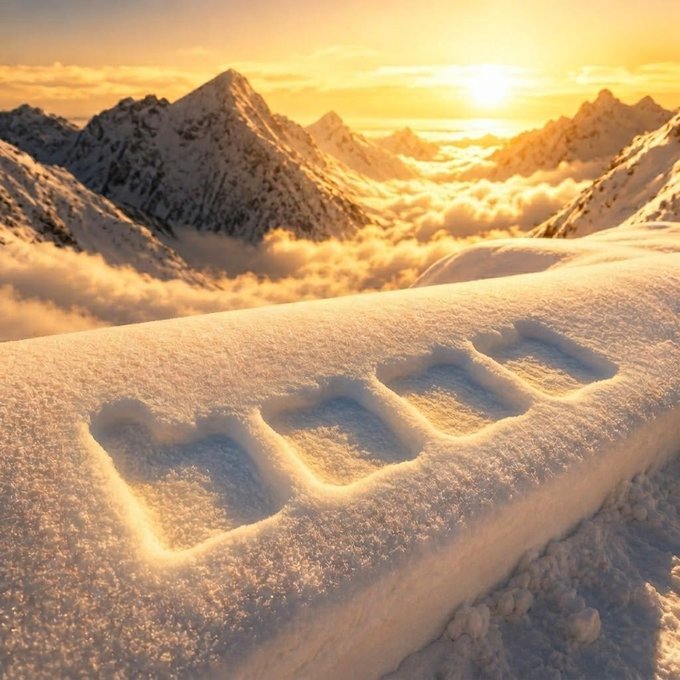 A scenic golden-hour mountain landscape with snow-covered peaks, a setting sun, and "BUILD" carved into the snow on a ridge in the foreground.