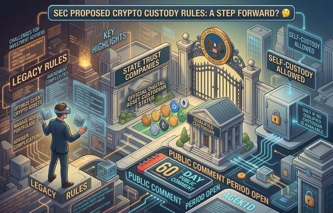 An infographic titled 'SEC PROPOSED CRYPTO CUSTODY RULES: A STEP FORWARD?' highlighting legacy rules, state trust companies, self-custody, and a 60-day public comment period.