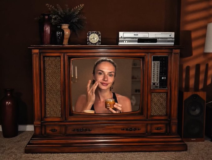 A retro wooden television console displaying an image of a smiling woman holding a small jar, set in a dimly lit room with warm lighting.