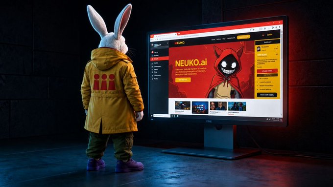 A person wearing a yellow jacket and a white rabbit head costume stands in a dark room looking at a large computer monitor displaying a website called 'NEUKO.ai' featuring a red devil-like character.