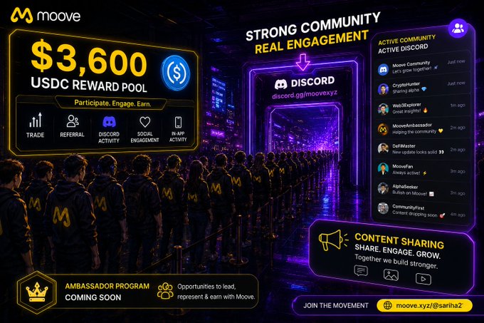 The image features an advertisement for a new cryptocurrency wallet called "moove". The advertisement showcases a group of people standing together with their arms around each other, symbolizing unity and collaboration. The background of the advertisement is dark purple, which contrasts with the yellow text that reads "strong community real engagement" and "join the movement". The image also includes a list of features for the wallet, such as "participants' engagement", "discord", and "contents sharing".