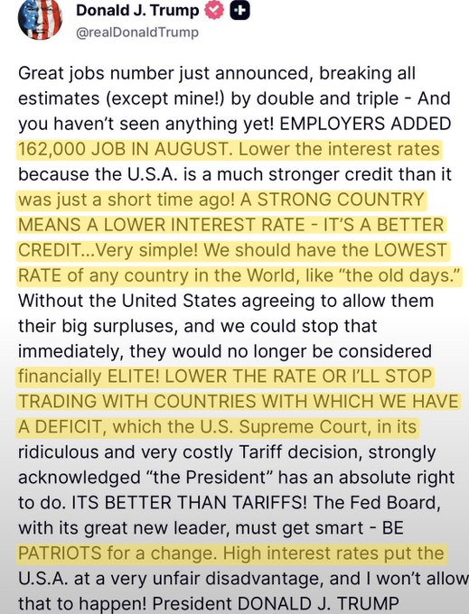 The image shows a Truth Social post from Donald J. Trump (@realDonaldTrump) boasting about August job numbers (162,000 jobs added) while demanding the Federal Reserve lower interest rates, claiming a "STRONG COUNTRY MEANS A LOWER INTEREST RATE" and threatening to stop trading with deficit countries, which aligns with the post's commentary about Trump pressuring the Fed to cut rates—a move that could boost risk assets like $ETH, $BTC, and $BMNR.