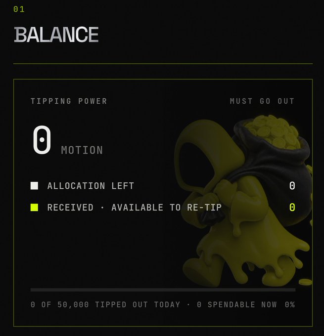 A dark interface panel titled "01 BALANCE" with a green figurine carrying a bag of coins, showing metrics like "TIPPING POWER," "ALLOCATION LEFT," and "0 OF 50,000 TIPPED OUT TODAY."
