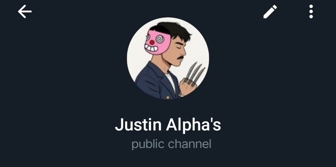 The image shows a Telegram channel profile for "Justin Alpha's" public channel, featuring an avatar of a man in a suit wearing a pink skull mask and metal claws. The promotional text claims to invite investors to join, with the channel appearing to be a crypto or trading signal hub promising returns.