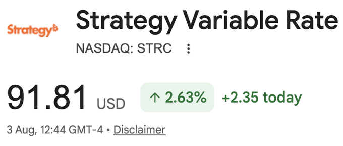 A stock ticker image shows Strategy Variable Rate (NASDAQ: STRC) trading at $91.81 USD, up 2.63% (+$2.35) as of 3 August, 12:44 GMT-4. This aligns with the post celebrating a modest net gain of $1.11 per share after factoring in a small paper loss against dividends collected on the STRC position.