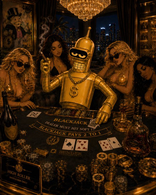 An AI-generated image showing a golden Bender robot at a blackjack table surrounded by glamorous women, with chips, cards, and whiskey bottles; signage reads 'BLACKJACK DEALER MUST HIT SOFT 17' and 'Bender Foundation - High Roller Invitation Only.'