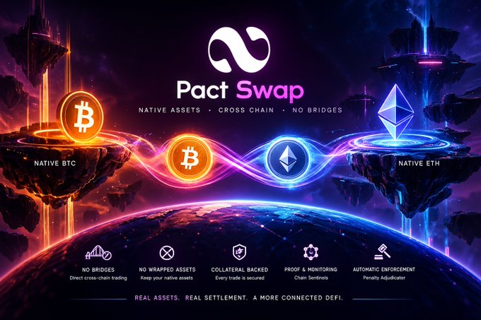 A promotional graphic for 'Pact Swap' featuring the tagline 'NATIVE ASSETS • CROSS CHAIN • NO BRIDGES', displaying logos for BTC and ETH floating above Earth with feature icons below.