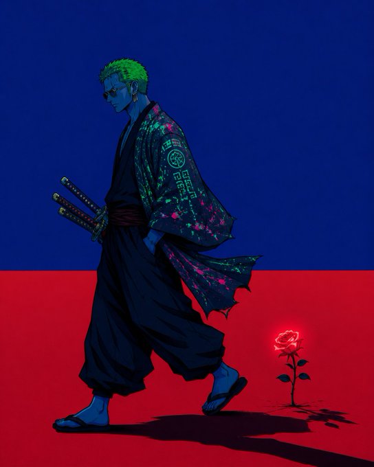 A blue-skinned figure with green hair, dressed in a black kimono with floral patterns, walks while carrying three swords at his side, passing by a glowing red rose against a split blue and red background. The anime aesthetic and sword-wielding character align with the "ITIA GN" post, evoking a stylish, samurai-inspired goodnight vibe for fans.