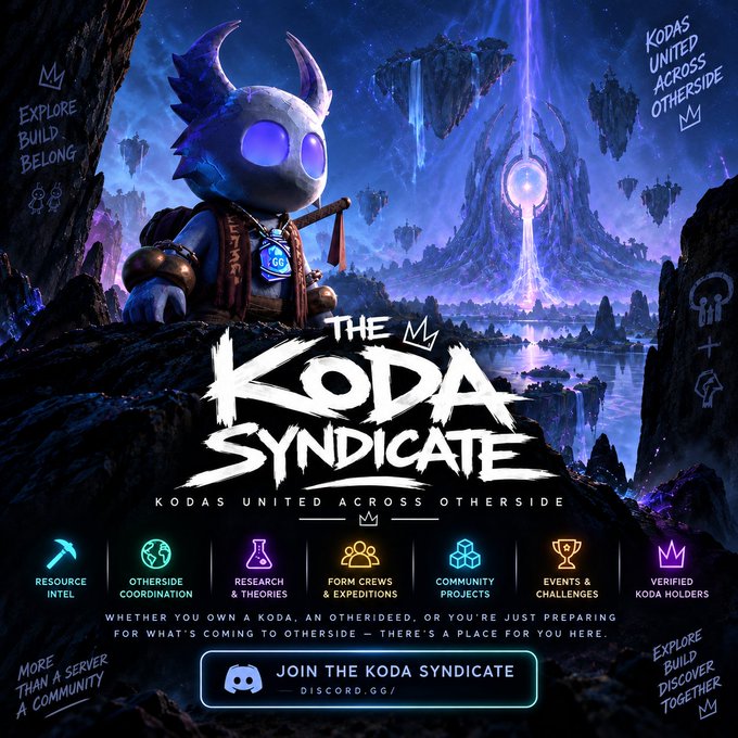 A promotional graphic for 'THE KODA SYNDICATE' featuring a horned creature character against a fantasy landscape with a glowing tower, and text reading 'KODAS UNITED ACROSS OTHERSIDE' and 'JOIN THE KODA SYNDICATE' via 'DISCORD.GG/'.