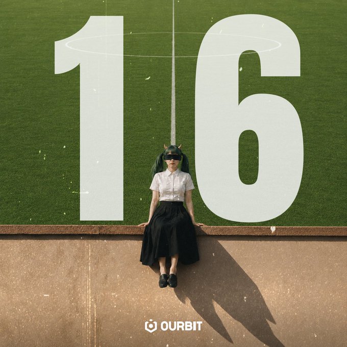 The image features a girl wearing a blindfold and devil horns, sitting on a ledge in front of a green soccer field marked with a large white "16" and the Ourbit logo at the bottom, symbolizing Ourbit's Super Cup 2026 advancing to the Round of 16 stage of its prediction tournament with $330K in prizes.