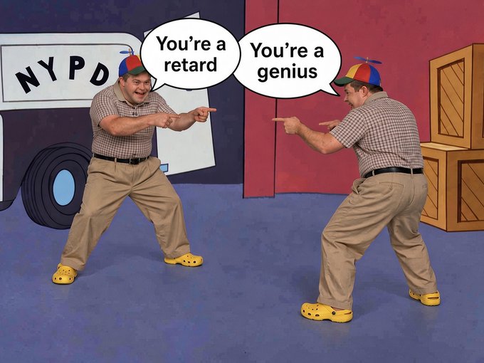 A cartoon-style image shows two identical men in propeller caps pointing at each other; one says "You're a retard" while the other says "You're a genius," with an NYPD van in the background.