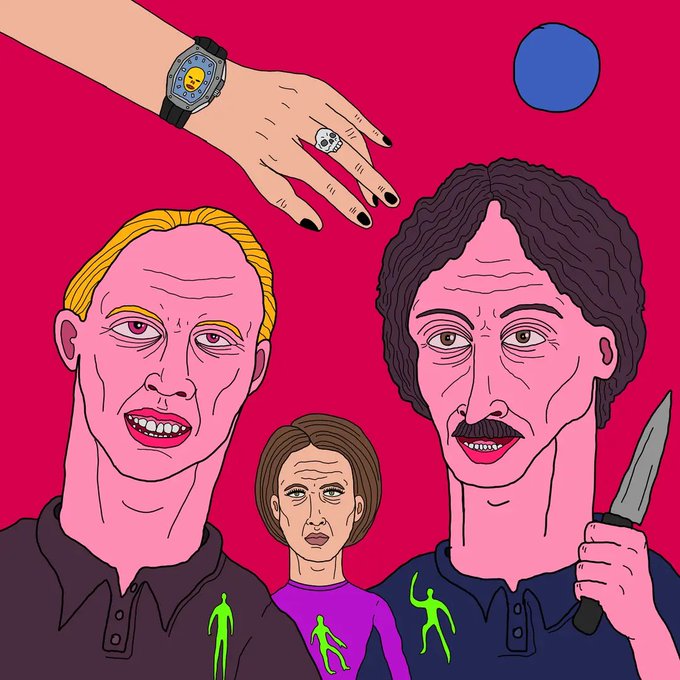 A surreal illustration on a red background showing two pink-faced men and a woman with brown hair in the middle, accompanied by a large disembodied hand wearing a watch and skull ring, and a hand holding a knife.