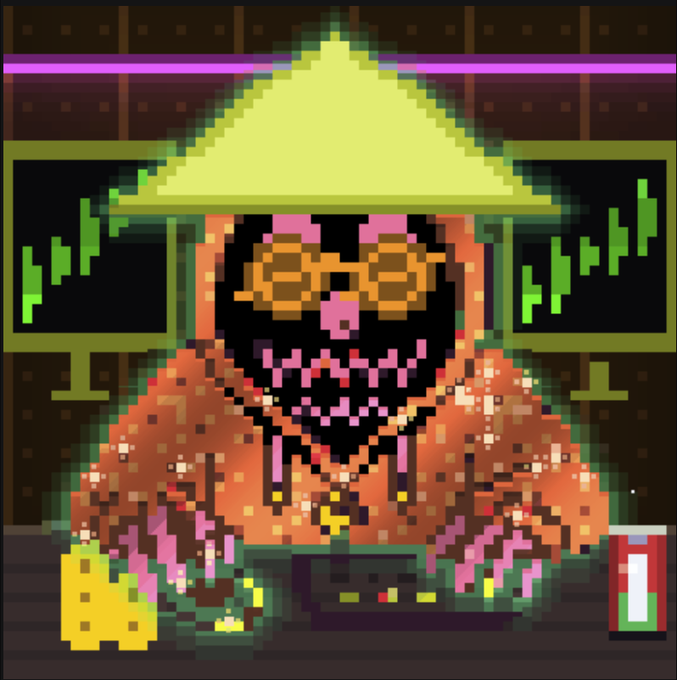 Pixel art image showing a character wearing a conical hat and sunglasses with a skeletal face, sitting at what appears to be a bar with green plants in the background.