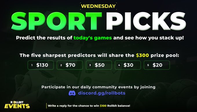 A promotional graphic for 'WEDNESDAY SPORT PICKS' announces a $300 prize pool for top predictors, with Discord link discord.gg/rollbots.