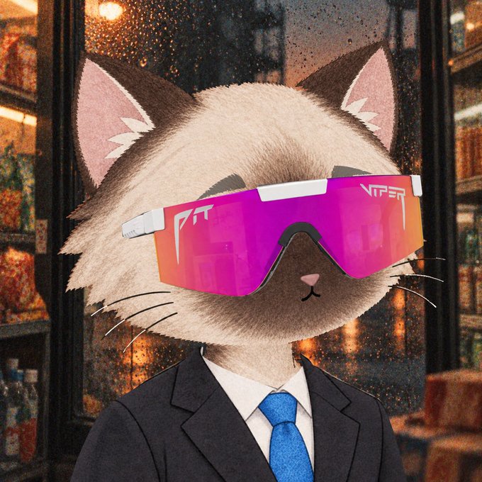 A digital illustration of a Siamese-style cat wearing pink reflective 'VIPER' sunglasses, a black suit, and a blue tie, set against a rainy window background.