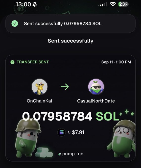 A screenshot of a successful cryptocurrency transfer showing '0.07958784 SOL' (~$7.91) sent from 'OnChainKai' to 'CasualNorthDate' via pump.fun, featuring cute green mascot characters.