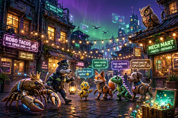 A vibrant AI-generated illustration of a futuristic cyberpunk city street at night featuring robotic animals including a mech crab, a robot police dog, a turtle, and a fox, with neon signs for 'Robo Tacos' and 'Mech Mart' and speech bubbles discussing AI agent town operations.