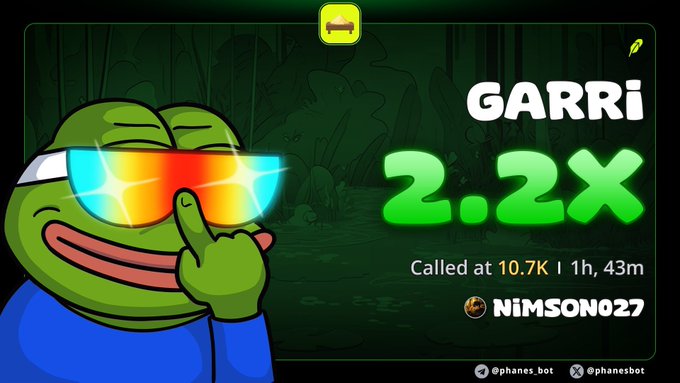 A meme graphic featuring a green cartoon frog with rainbow glasses, displaying the text 'GARRI 2.2x Called at 10.7K | 1h, 43m' and credited to 'NIMSON027'.