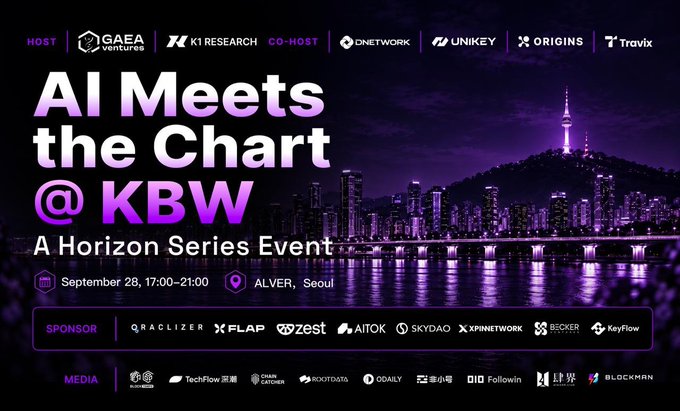 A promotional banner for an event titled 'AI Meets the Chart @ KBW, A Horizon Series Event' scheduled for September 28 in Seoul, hosted by GAEA Ventures and K1 Research.