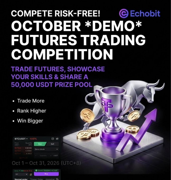 Echobit's October Demo Futures Trading Competition ad highlights a risk-free trading contest running Oct 1-31, 2026 (UTC+8) with a 50,000 USDT prize pool, featuring a BTCUSDT demo trading interface shown as active. The image directly supports the post's message by visually reinforcing that traders can practice futures trading—including leverage and margin—risk-free before risking real capital, using the platform's demo mode.