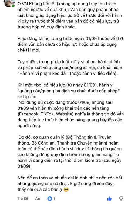 A screenshot of a Facebook comment in Vietnamese discussing Vietnam's regulations on non-criminal acts that aren't subject to penalties, specifically addressing advertisements posted before September 1, advising that pre-existing ads may need to be deleted to comply with new laws, with the commenter noting the safe approach is to remove old advertisements.
