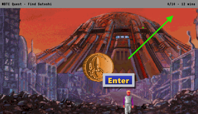 A pixel-art game screen titled 'WBTC Quest - Find Satoshi' showing '0/10 - 12 wins', with a Bitcoin logo, an 'Enter' button, a small character, and a green arrow pointing toward a futuristic cityscape.