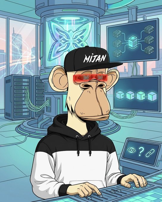 A monkey in a black "MIJAN" cap and red shutter shades types on a keyboard in a futuristic tech lab filled with quantum computing equipment, blockchain server diagrams, and a butterfly hologram, visually capturing the post's theme of testing quantum-classical blockchain infrastructure like Quip Network's public testnet.