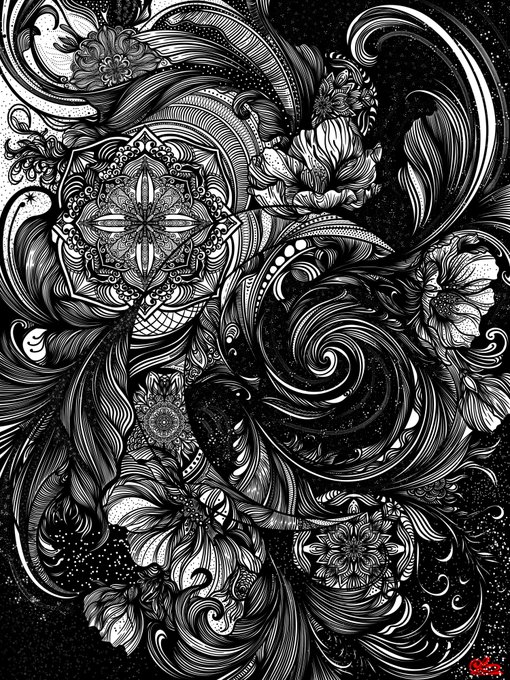 An intricate black and white ornamental illustration featuring detailed floral motifs, mandalas, swirling patterns, and decorative botanical elements in a highly detailed zentangle or doodle art style.