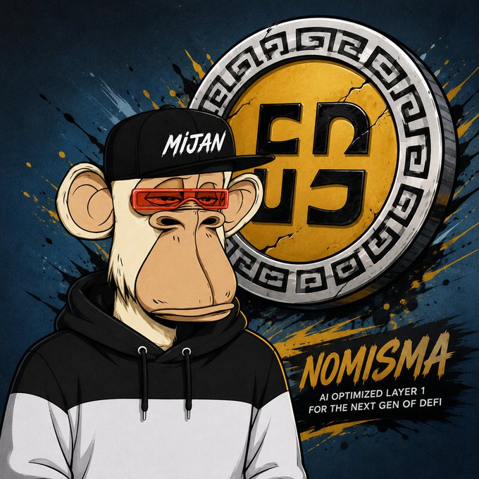 A cartoon monkey character wearing a 'MIJAN' cap and red sunglasses stands before a large golden coin emblem with 'NOMISMA' text reading 'AI OPTIMIZED LAYER 1 FOR THE NEXT GEN OF DEFI'.