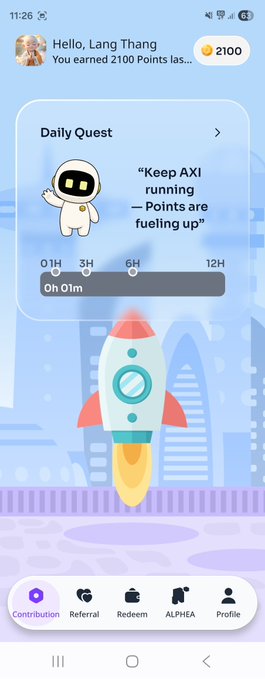 A mobile app screenshot showing a 'Daily Quest' interface featuring a robot mascot saying 'Keep AXI running — Points are fueling up' with a rocket animation and progress bar, displaying 2100 points earned by user 'Lang Thang'.