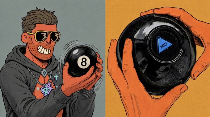 An illustration on the left shows a smiling man in sunglasses holding a vibrating 8-ball, while the right panel displays a hand holding a smooth black 8-ball with a blue 'MID' triangle.