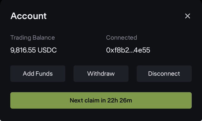 An 'Account' settings screen displaying a 'Trading Balance' of '9,816.55 USDC', a connected wallet address '0xf8b2...4e55', and a button stating 'Next claim in 22h 26m'.