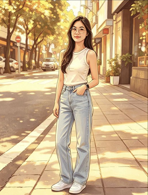 An anime-style illustration shows a smiling woman with glasses, a white tank top, and light blue jeans standing on a sunlit city sidewalk.